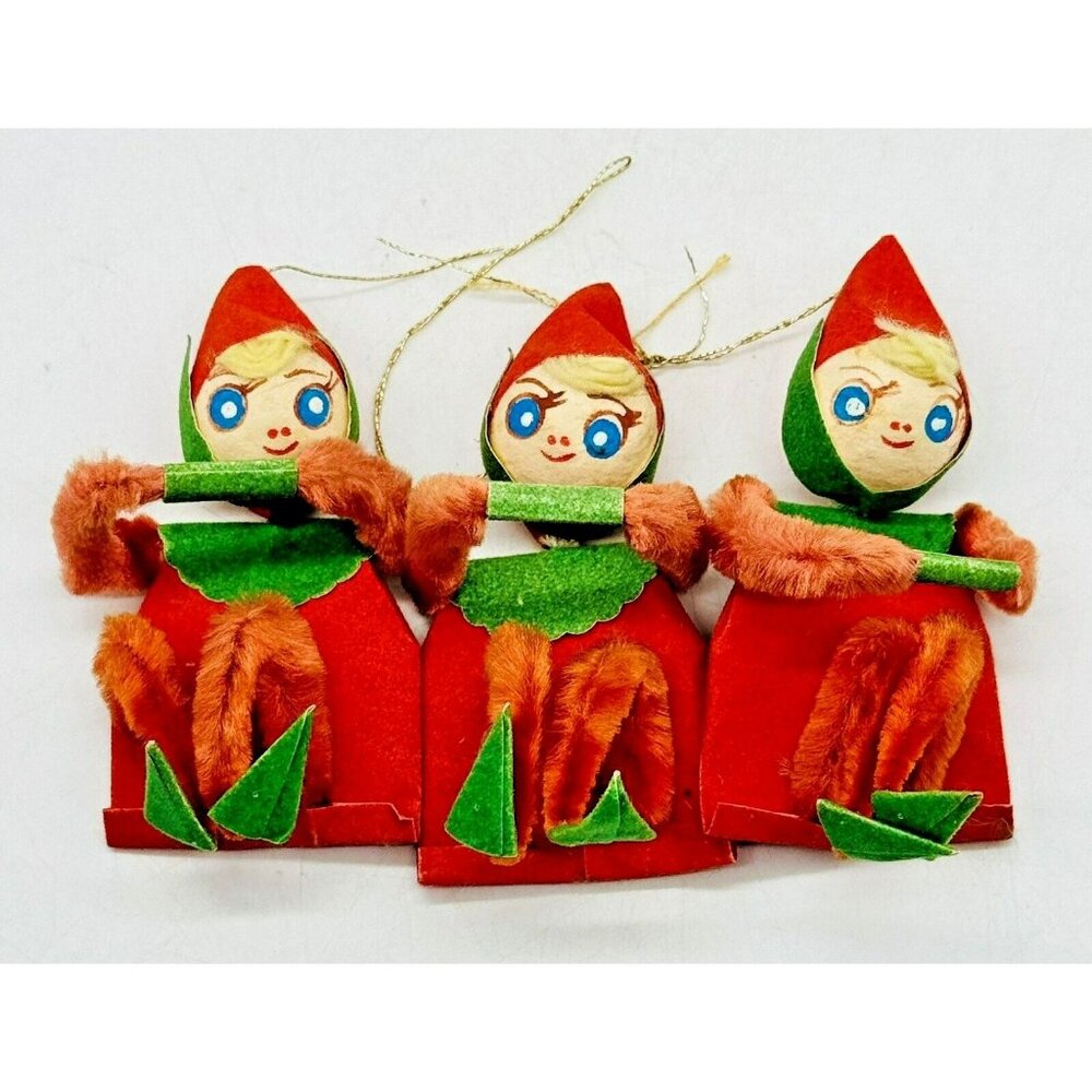 Vintage Elf Knee Hugger Chenille Spun Cotton Paper Ornament Japan‎ Lot of 3